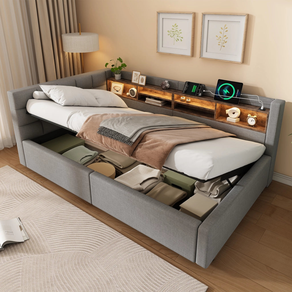 Letto contenitore 90x200 cm con LED dimmerabile; testiera con ripiano e prese USB; rivestimento in lino; grigio
