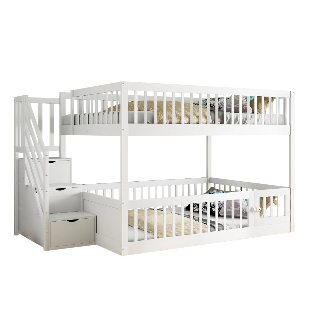 Letto a castello 140x200 cm in legno massiccio; bianco; con scala contenitore e porta inferiore