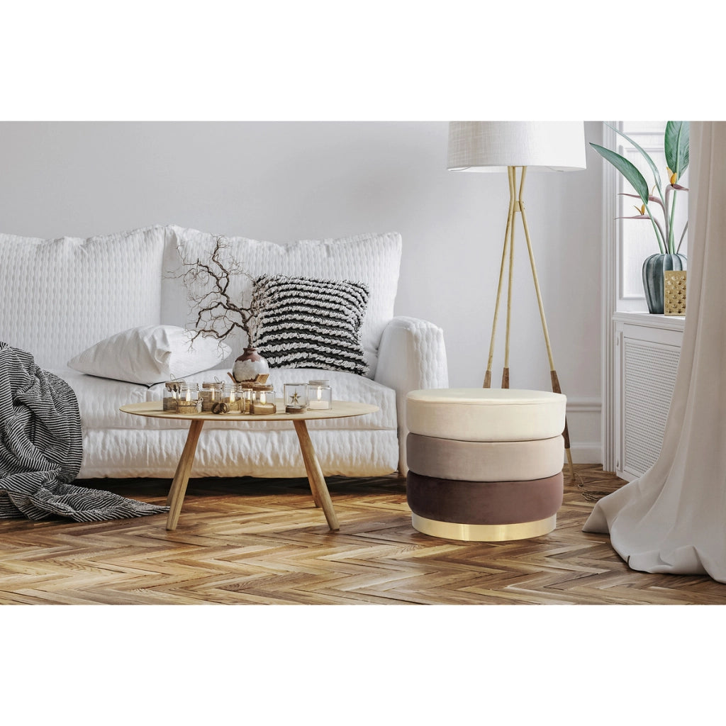 Pouf circolare Matilda in velluto marrone e base dorata
