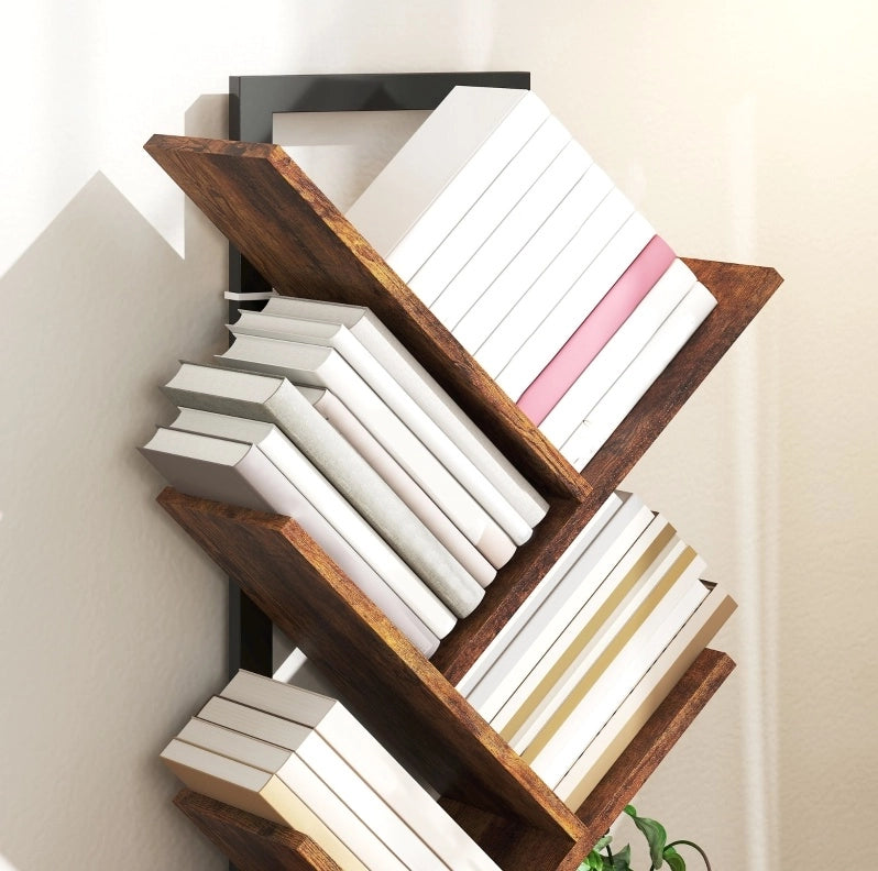Libreria 50x24x136 cm a forma di albero con 9 ripiani in legno marrone rustico