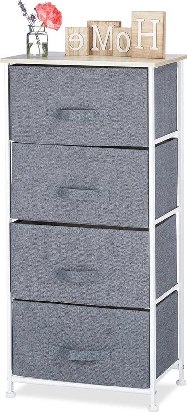 Shelf con 4 contenitori in tessuto, grigio metallo e legno - 95 x 45 x 30 cm - carrello di carico universale