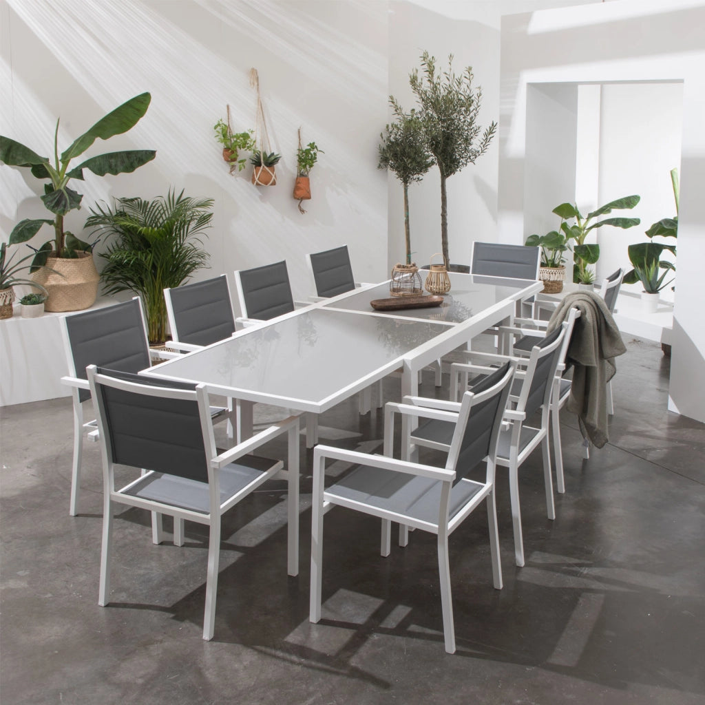 LAMPEDUSASet di mobili da giardino allungabili in textilene grigio 10 posti - alluminio bianco
