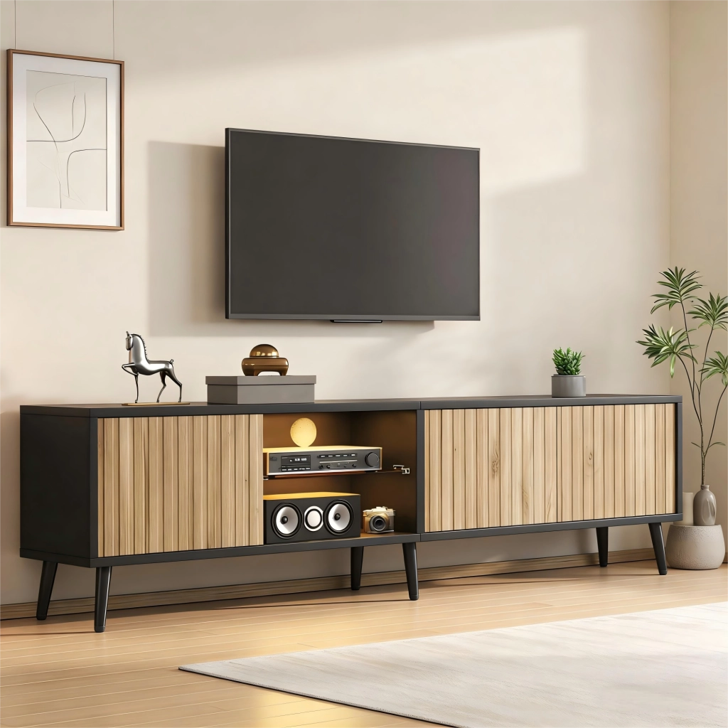 Cassettiera TV in truciolato naturale e nero 175 cm