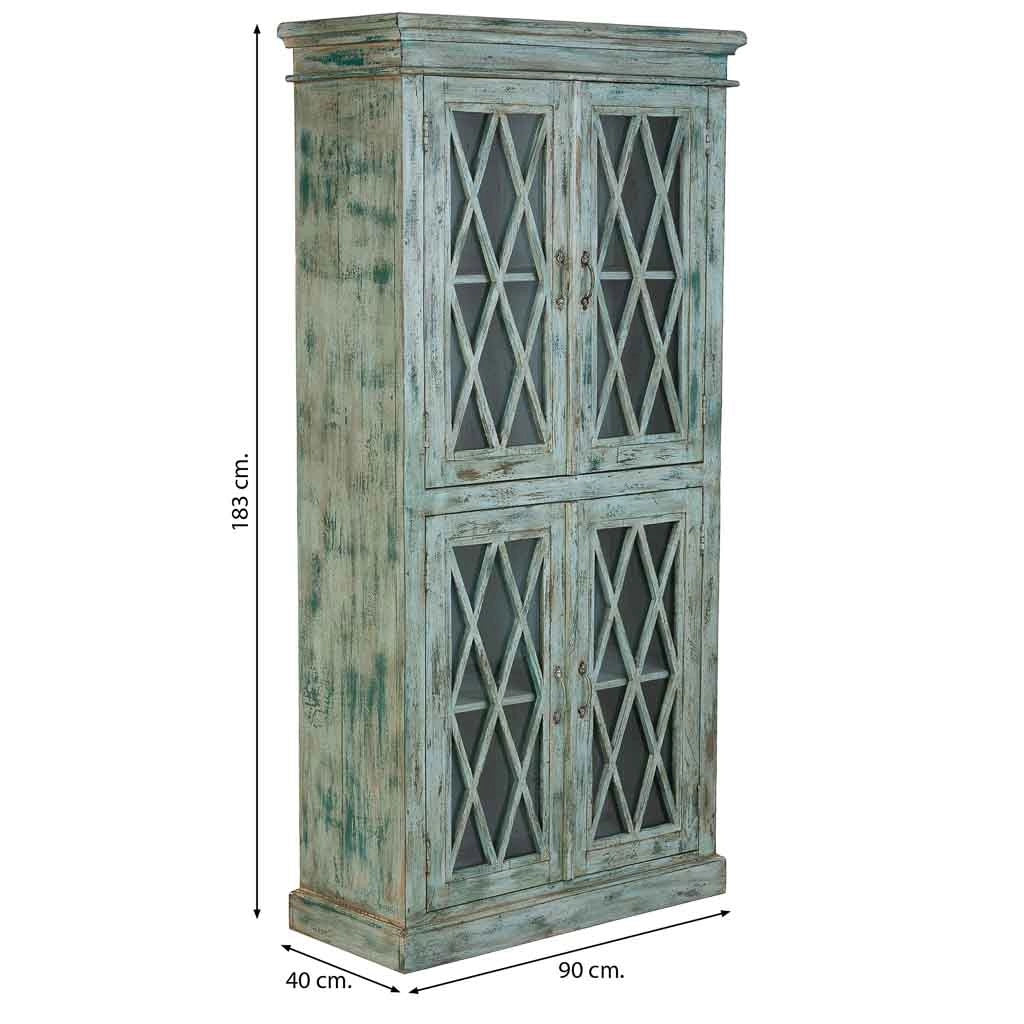 Vetrina in legno e vetro con 2 ante, blu 90x40x183h cm