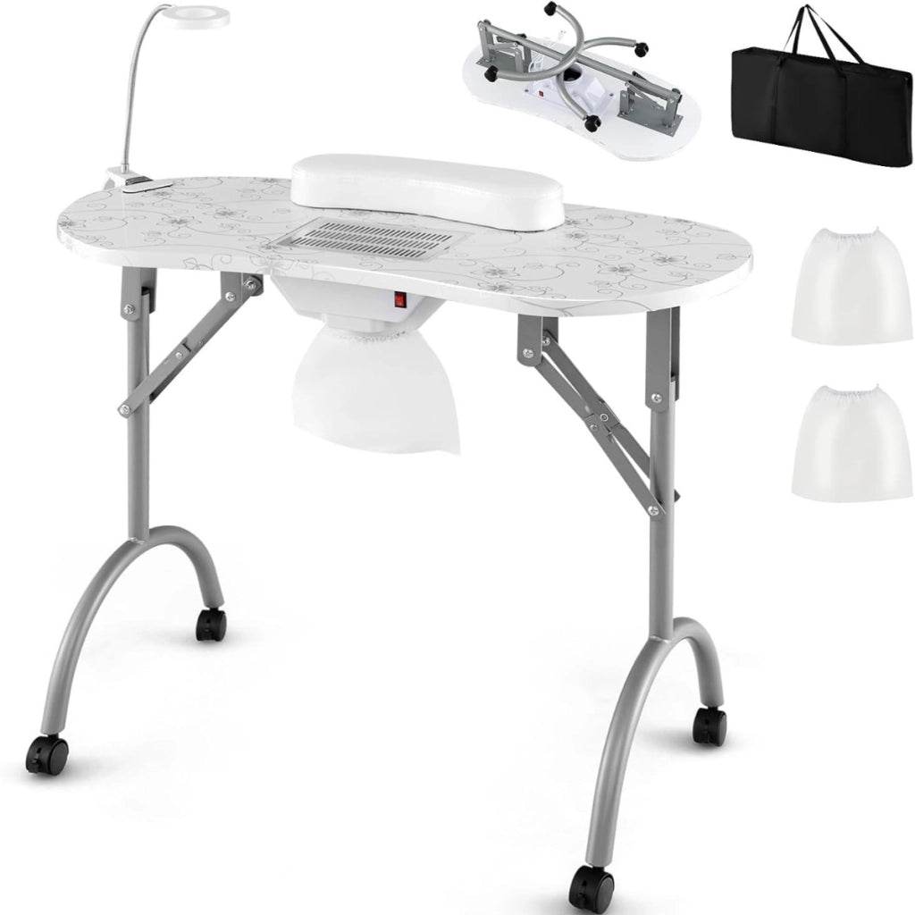 Tavolo manicure pieghevole con aspiratore, Tavolo portatile unghie con luce led regolabile Bianco-Scrivanie