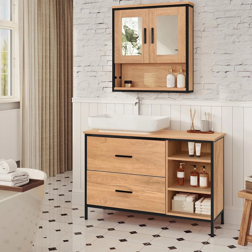 Mobiletto Bagno, Mobiletto Portaoggetti, Mobile Sottolavello da Bagno con 2 Cassetti e 3 Vani a Giorno, Struttura in Metallo, Rovere Chiaro - Nero, 90x30x60 cm