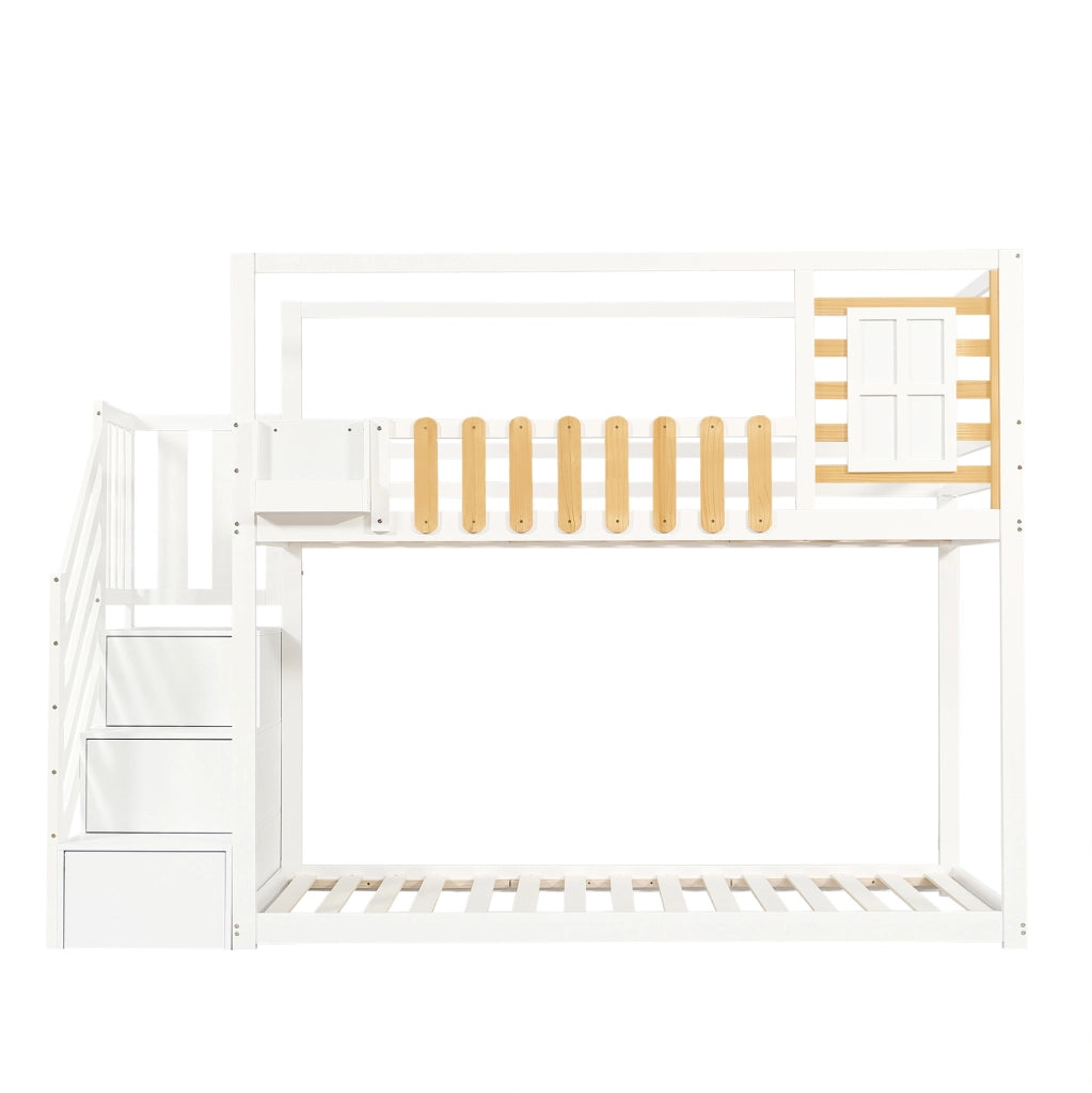 Letto a castello 90x200 cm con scala e vani portaoggetti in legno e MDF bianco naturale