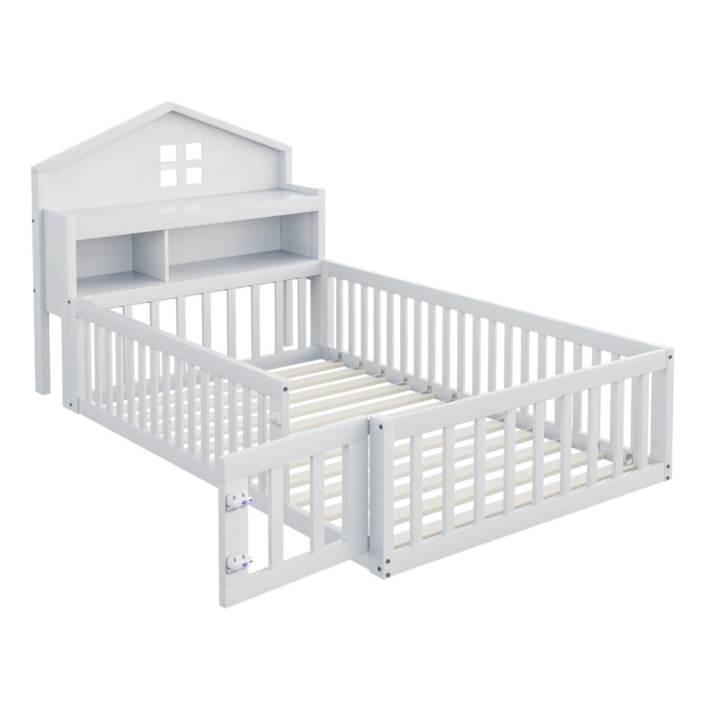 Letto per bambini a forma di casa con contenitori, sponde di sicurezza e rete a doghe