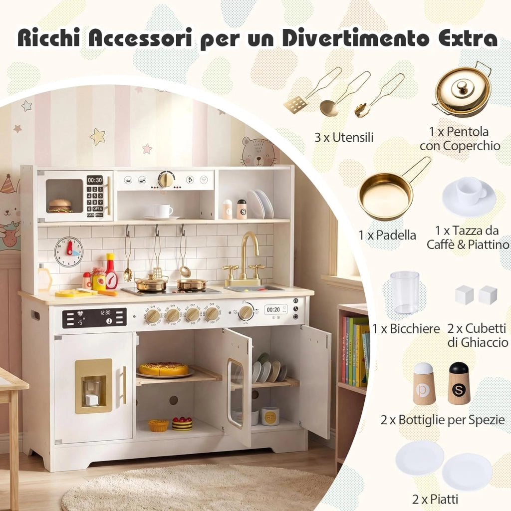 Cucina Giocattolo per Bambini, Set Cucina in Legno con Luci e Suoni Realistici, Fornelli, Lavandino, Rubinetto, Forno, Microonde e Macchina del Caffè, per Bambini 3+ Anni (Bianco)