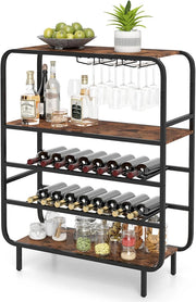 Portabottiglie da Terra 5 Livelli, Scaffale Porta Vino con Piano Legno e Portacalici, Capacità 16 Bottiglie, Struttura Metallo Stile Industriale, per Cantina, Cucina e Sala da Pranzo