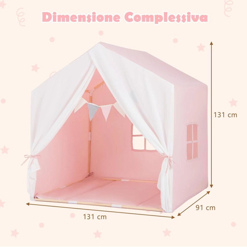 Tenda da Gioco per Bambini, Tenda per Bambini con Finestre Tappetino Lavabile in Cotone e Bandiera, Castello da Gioco per Bambini 3 Anni + (Rosa)