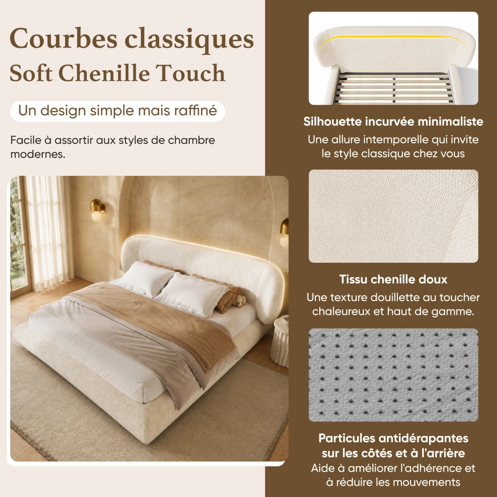 Letto matrimoniale imbottito 180 x 200 cm in ciniglia beige con rete a doghe