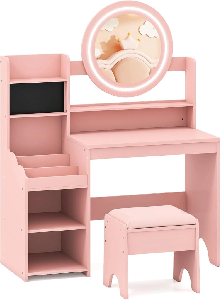 Toeletta Trucco per Bambina con Sgabello, Set Tavolo Trucco in Legno con Specchio Luci LED, Scaffale Aperta, Spazi per Annelli e Sgabello Imbottito, Mobile da Principessa per 3+ Anni (Rosa)