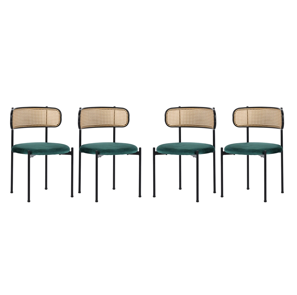Set 4 sedie da pranzo in velluto con schienale in rattan e gambe in metallo; verde
