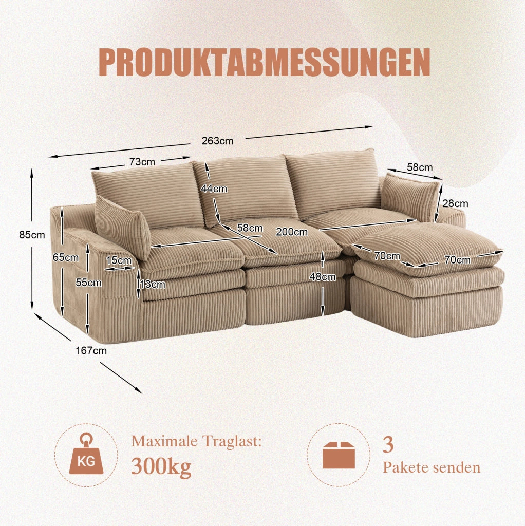 Divano modulare in velluto a coste khaki con pouf; tasche laterali e cuscini