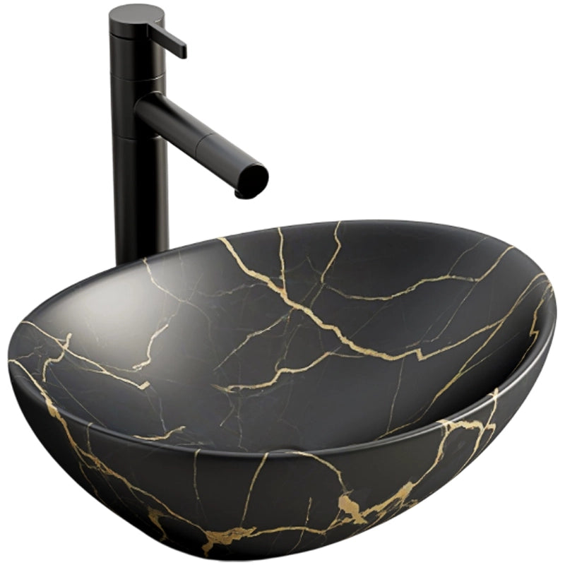 Lavabo da appoggio in ceramica, nero opaco con venature marmorizzate, ovale, 41x34,5 cm