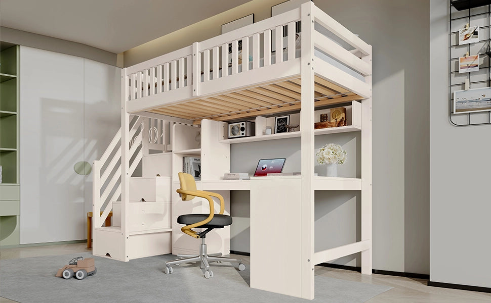 Letto a soppalco per bambini 90 × 200 cm con scala-armadio, scrivania ad angolo, senza materasso, bianco