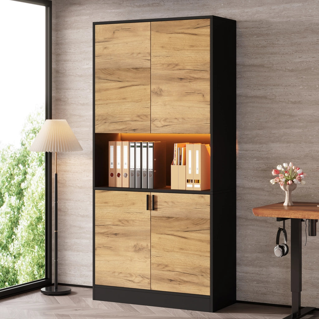 Armadio archivio con illuminazione LED in truciolato nero e rovere; ripiani regolabili; 80 x 35 x 180 cm