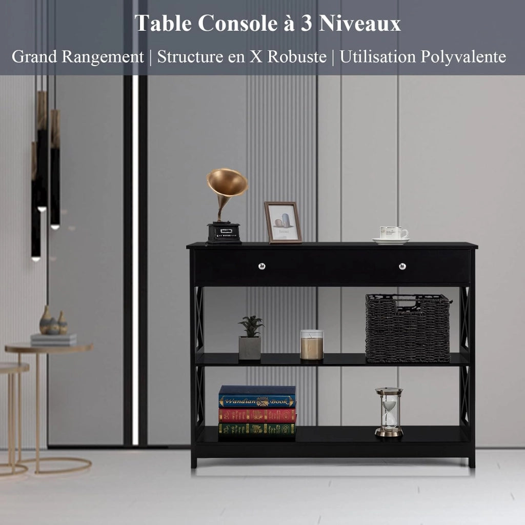 Ingresso per ingresso, console da ingresso stretta a 3 livelli con ampio cassetto per chiavi, orologi e gioielli, mobile ingresso per soggiorno e camera da letto, 100 x 30 x 80 cm (nero)