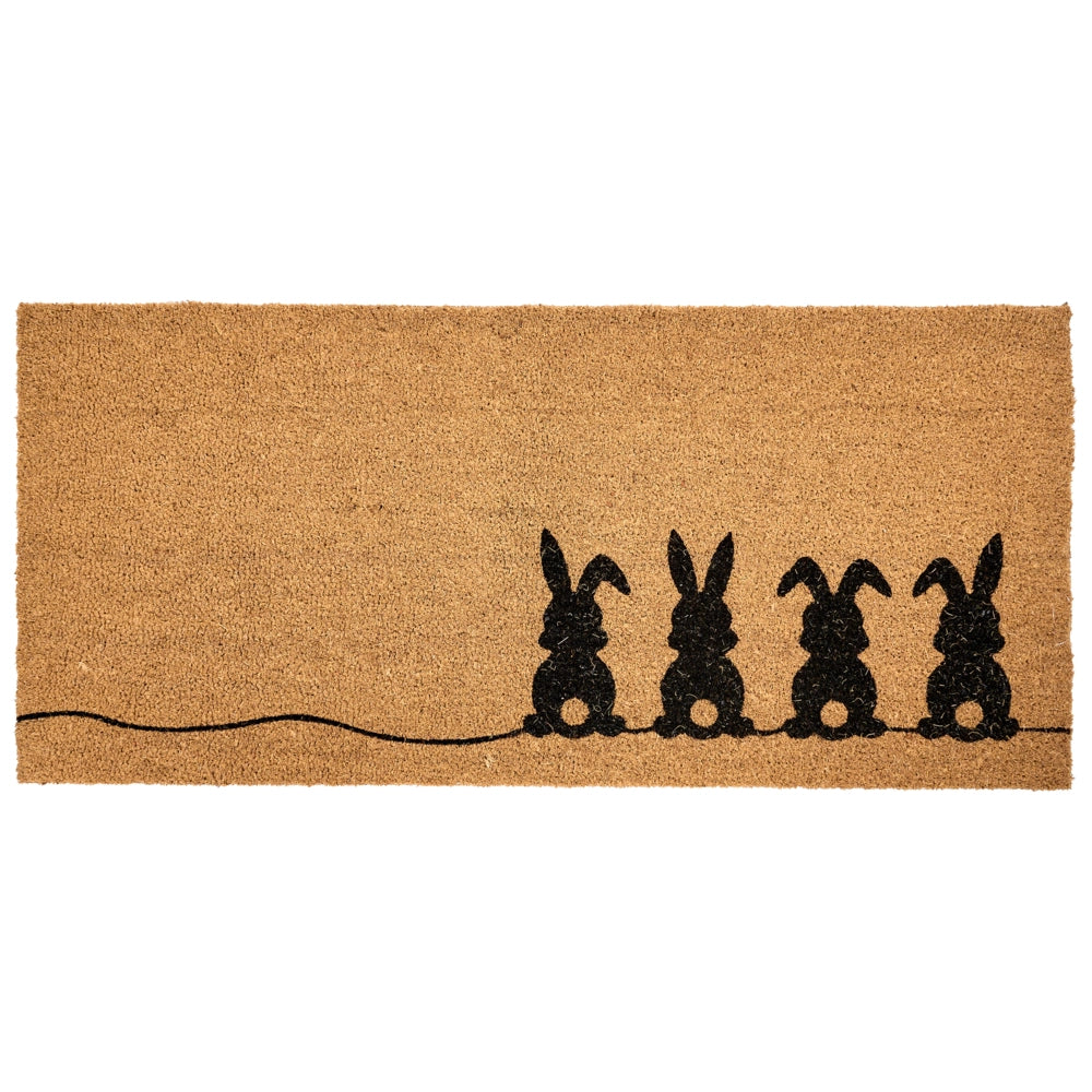 Zerbino in fibra di cocco naturale con fondo in gomma 55 x 120 cm con decorazione antiscivolo e motivo a coniglio.