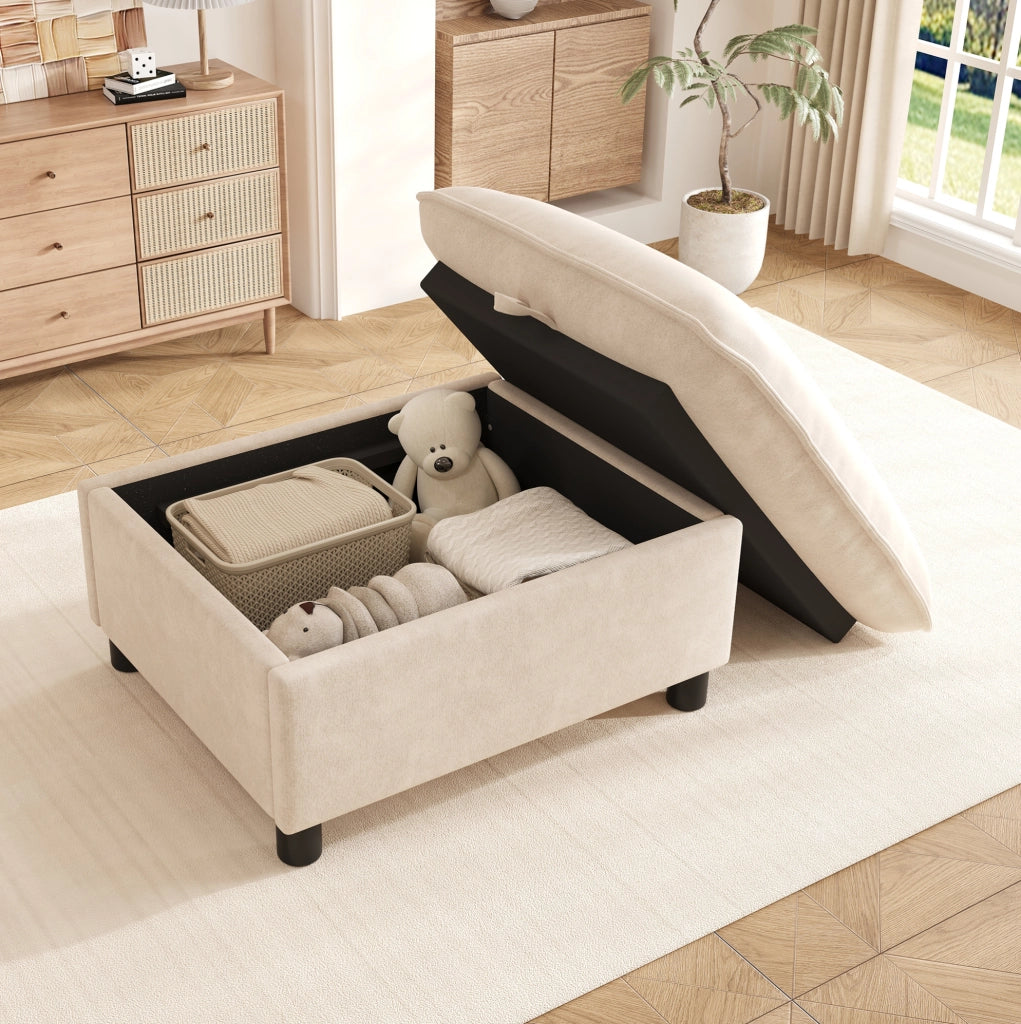 Pouf contenitore in chenille 98x65x48 cm; beige; con gambe da 8 cm