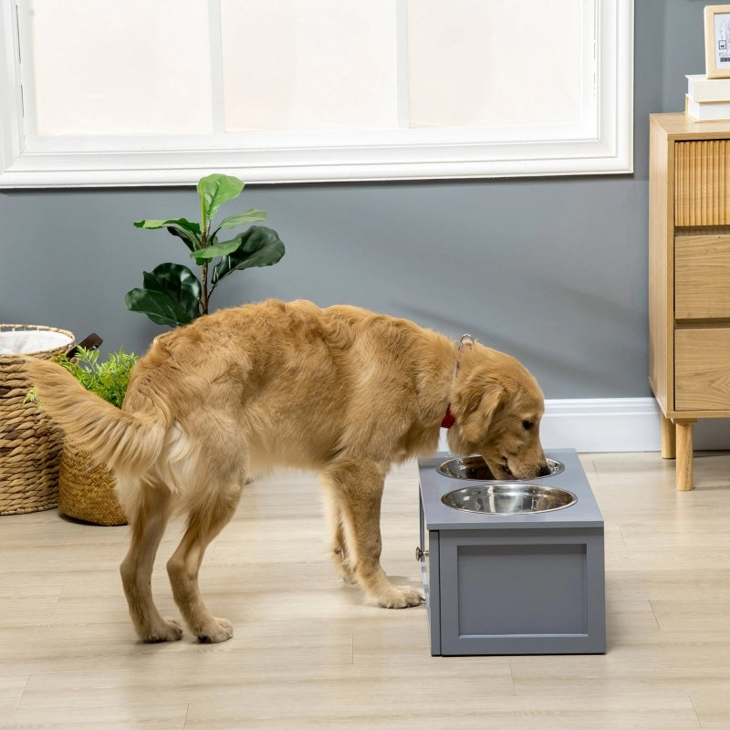 Scaffale rialzato con due ciotole in acciaio inox e cassetto per cani medi grigio 60 × 30 × 24 cm