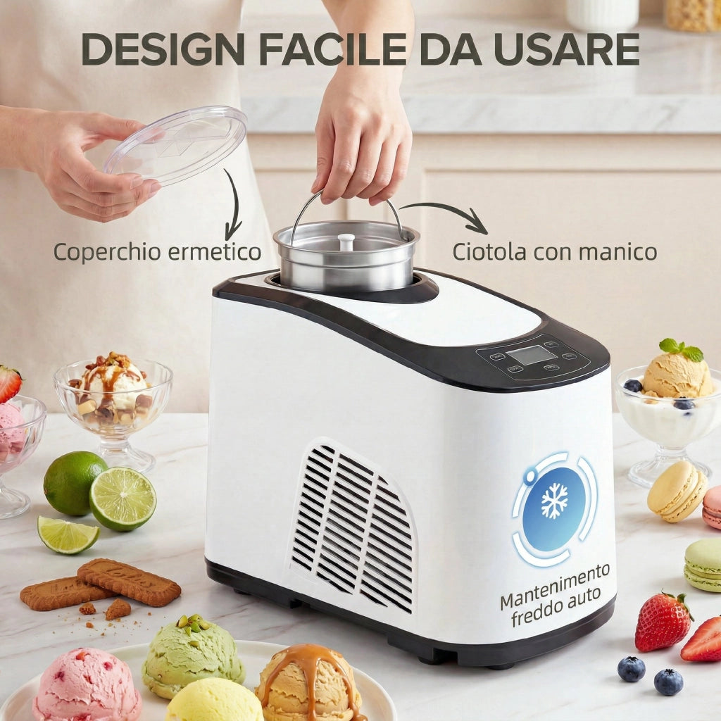 Gelatiera con Compressore Integrato 1.5L, Modalit¨¤ Morbida e Dura, Funzione Auto-Mantenimento al Freddo, Bianca
