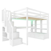 Letto a Soppalco 140x200 cm; Scrivania; Ripiani; Cassetti; Scala e LED - Bianco