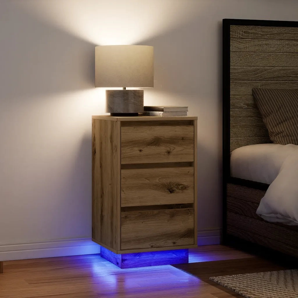Comodino | Armadio da Notte | Mobiletto da notte con Luci LED Rovere Artigianale 38x34x65 cm