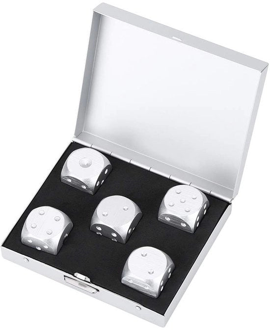 Set di Dadi in Acciaio Inox da 5 Pezzi - Contenitore di Ricarica - Gioco da Tavolo - Dadi Resistenti all'Ossidazione - Duraturo - Colori Lussuosi - Set di Dadi