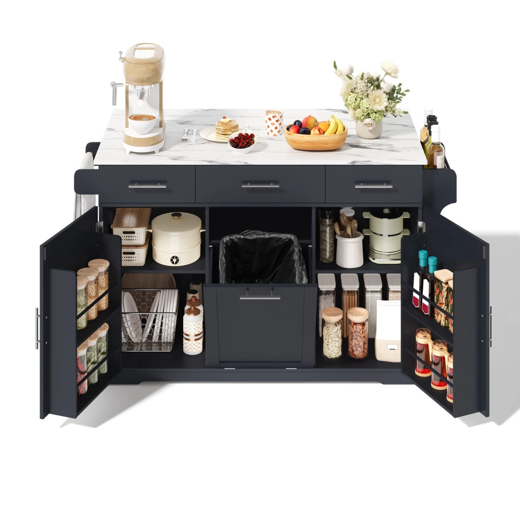 Isola cucina mobile grigia con piano pieghevole, prese e cassetti