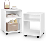 Set di 2 Comodino Tavolino con Ruote, Mobile Porta Stampante con 2 Scomparti Aperti, Comodino Bianco per Camera da Letto, Salotto, Ufficio, in Legno, 40x35x55cm, 0008CTG-2