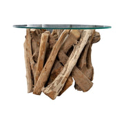 Tavolino basso rotondo ARBOREA 60 cm – Tavolino basso in legno di teak con piano in vetro temperato