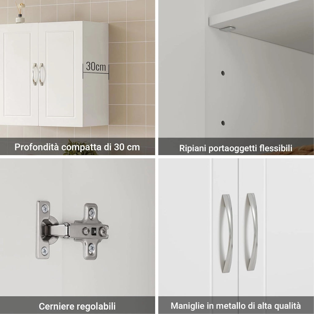 Pensile Cucina Sospeso - Mobile Cucina con Ante Bianco Mobile Pensile da Muro Salvaspazio in Legno 60x30x60 cm con Ripiani Regolabili Dispensa Moderna FRG231-W
