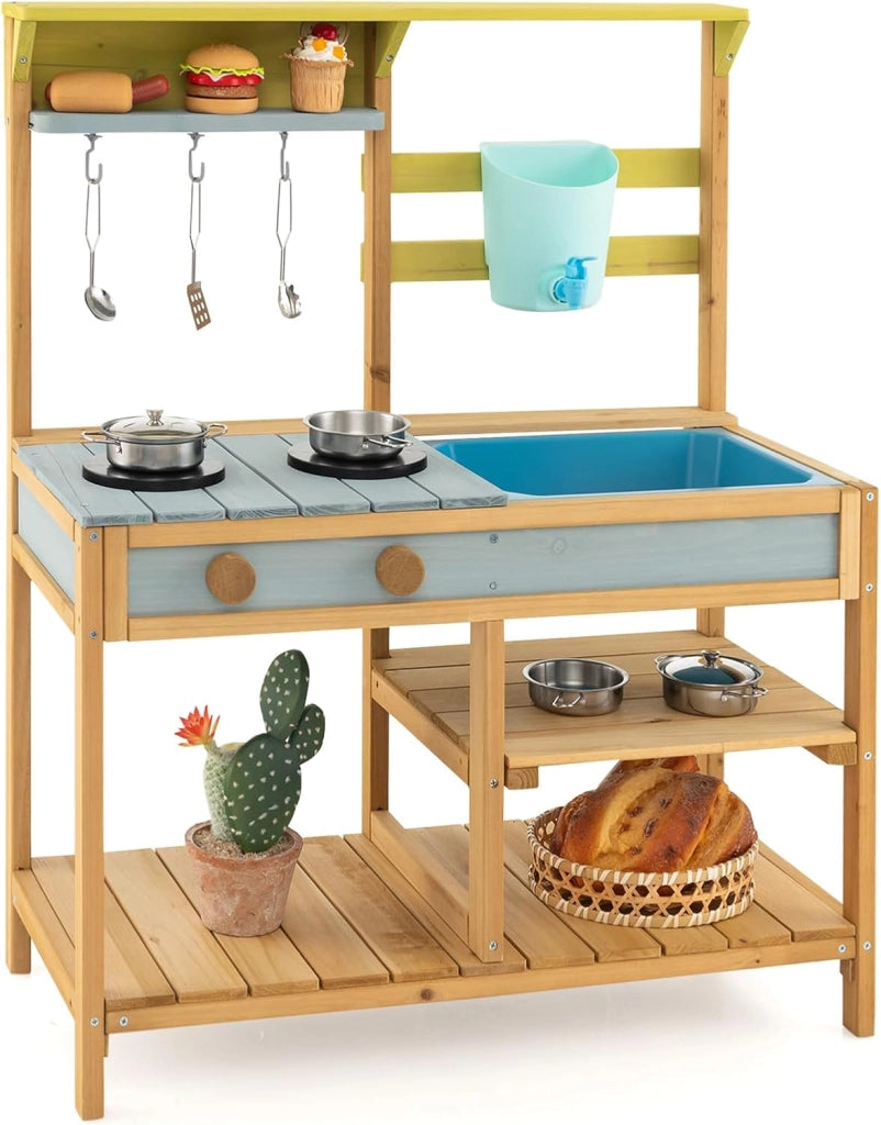 Cucina Giocattolo per Giardino, Cucina per Bambini con 2 Fornelli a Manopola, Lavandino e 3 Ganci, Set Cucina con Ripiani Aperti, 75 x 36 x 92 cm (Naturale, Senza Serbatoio dell'acqua)