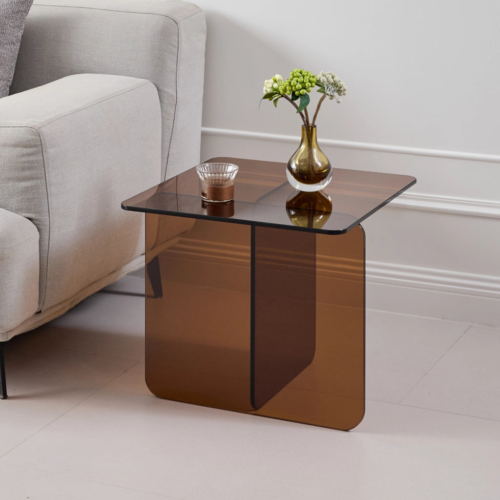 Tavolino basso in vetro temperato multiuso con piano trasparente, per soggiorno e ufficio, marrone, 45 × 45 × 51 cm
