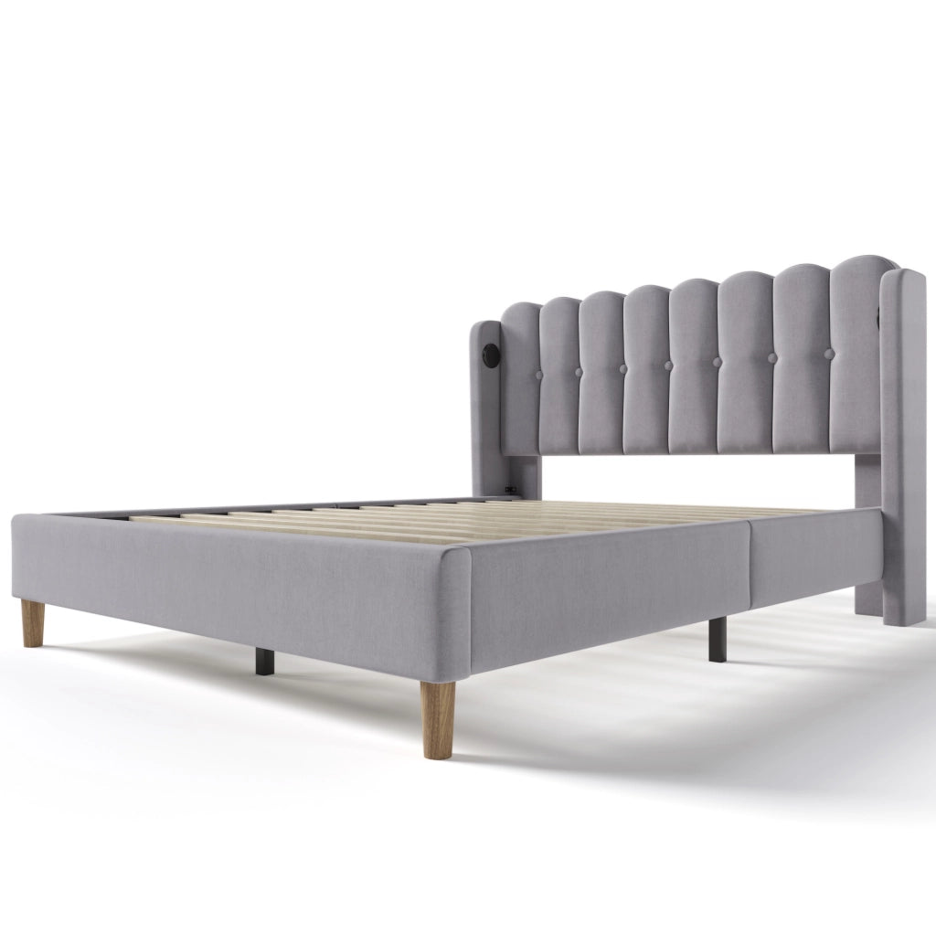 Letto matrimoniale imbottito 160x200 cm in lino grigio con USB e presa Type-C; con materasso