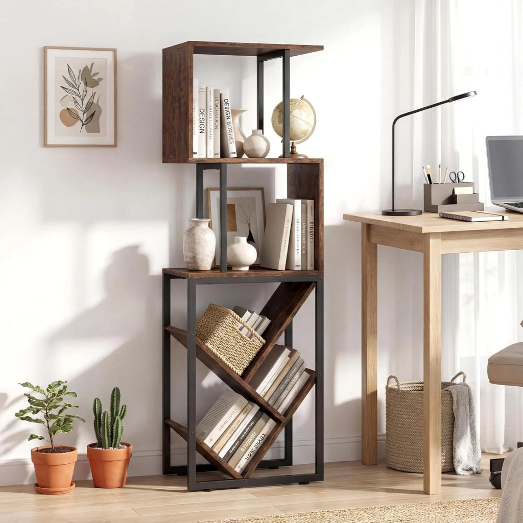 Libreria Scaffale, Librerie Verticali da Terra a 6 Ripiani Aperti, Scaffale Alto Industriale a S e Albero, 39,5 x 25 x 122 cm, per Soggiorno, Ufficio e Camera da Letto