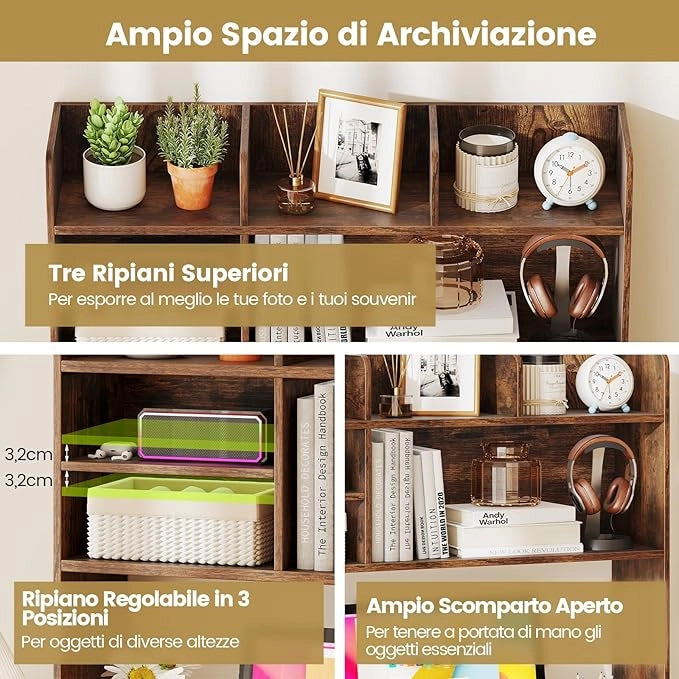 Libreria da Scrivania, Scaffale da Scrivania con 6 Ripiani in Legno, Scomparto Aperto per Monitor 32", Espositore per Dormitori Uffici Studio, 94 x 24 x 85 cm (Marrone)