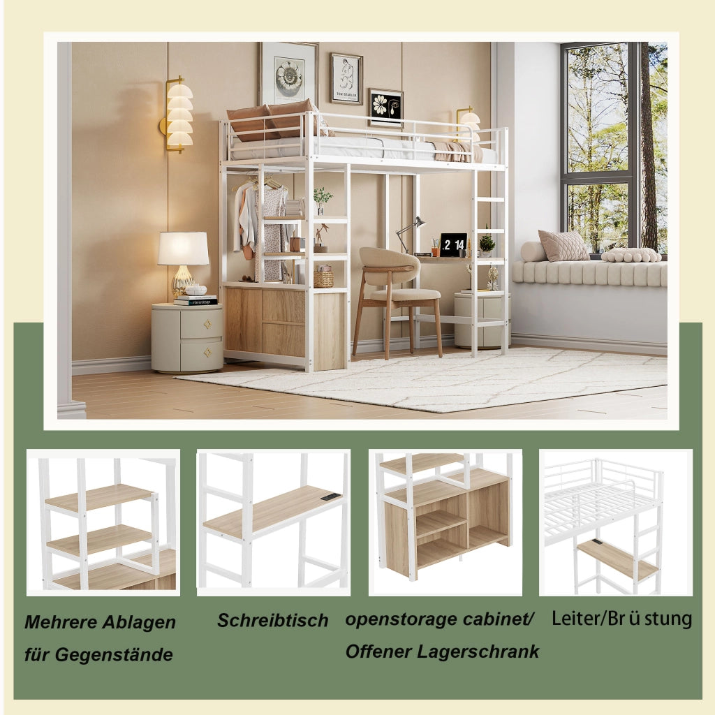 Letto a castello bianco con scrivania funzione presa usb scaffali in metallo 90x200 cm