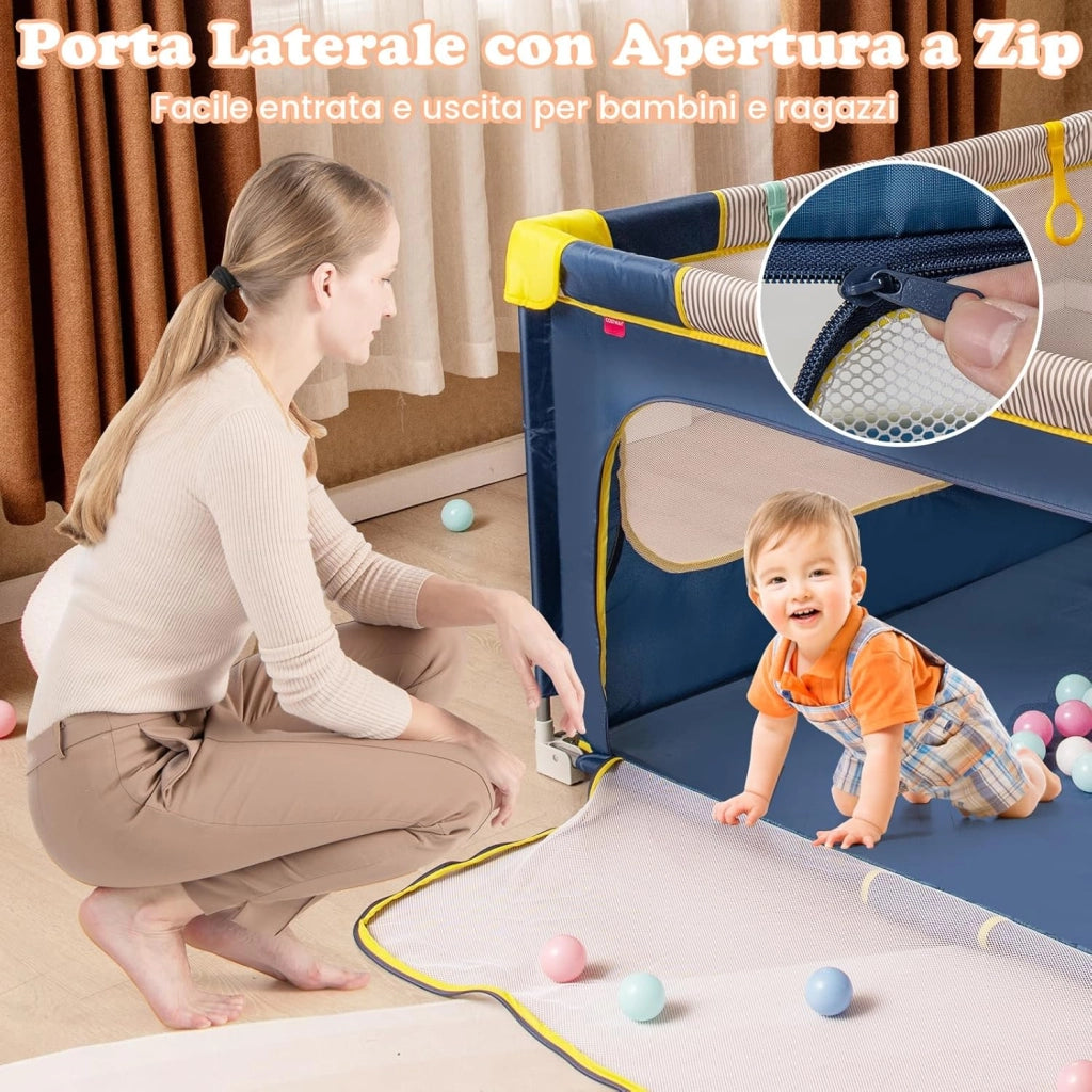 Box per Bambini 150 x 150 cm, Recinto per Neonati Pieghevole in Tessuto Oxford con Rete Traspirante, Centro Attività con 50 Palline, 4 Pezzi Anelli e Borsa (Blu, 150 x 150 cm)