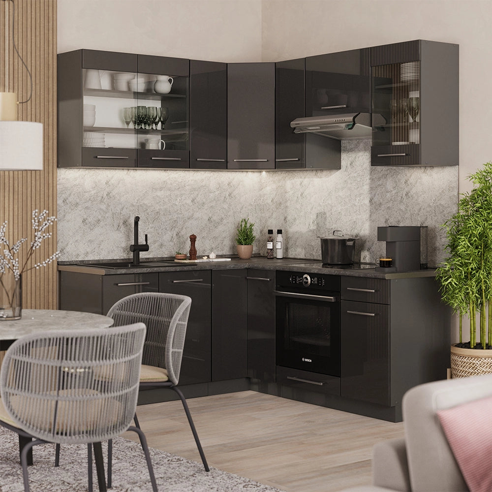 Vicco Cucina angolare completa Antracite lucido 190 x 46 cm senza piano di lavoro