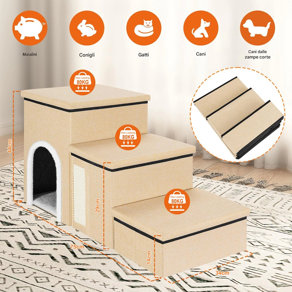 Scala per Animali 3in1 Multifunzione Scaletta Beige Pieghevole Vano Contenitore