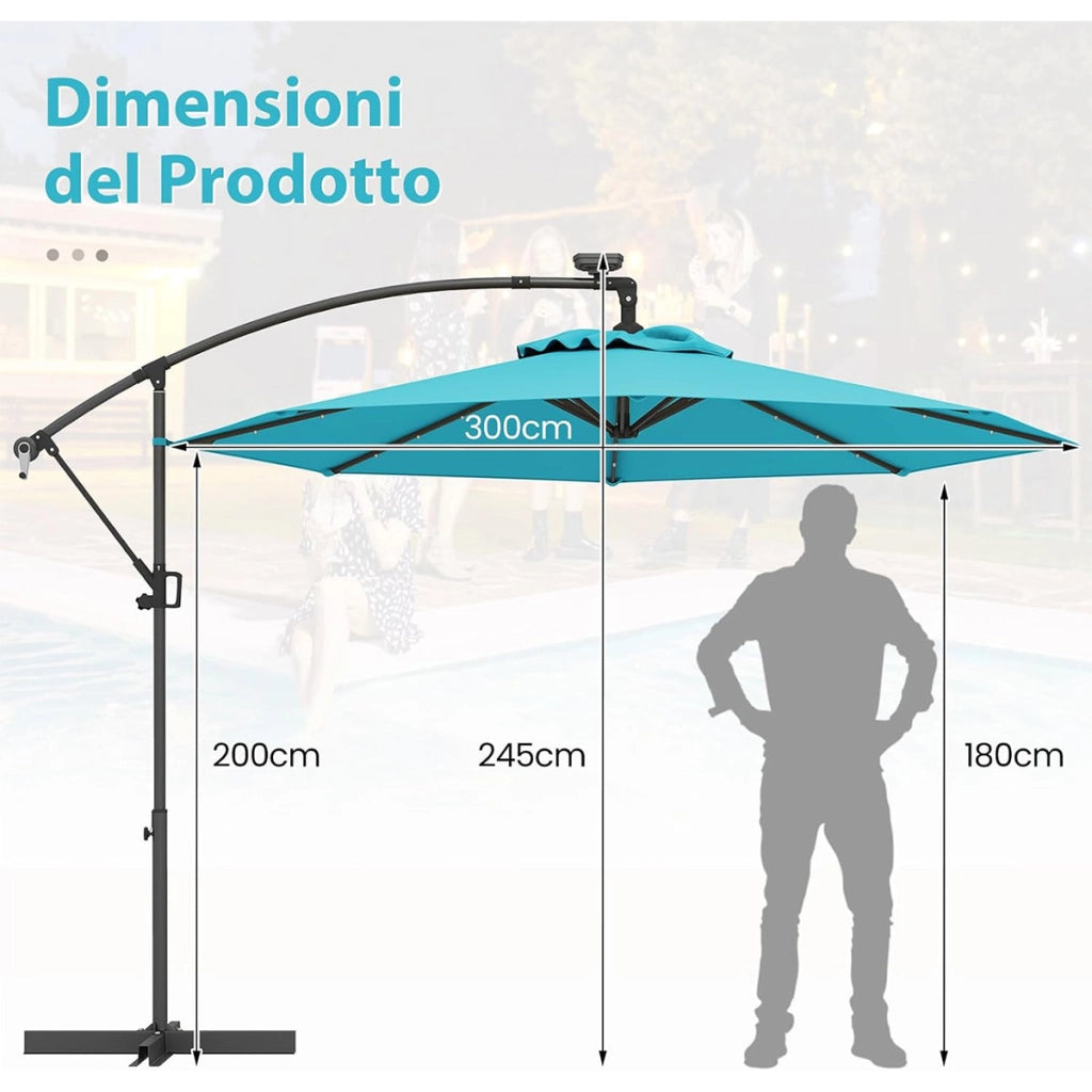 Ombrellone da giardino 300 cm con 32 luci led-Ombrellone girevole con inclinazione regolabile per piscina e altri spazi esteriori  Turchese