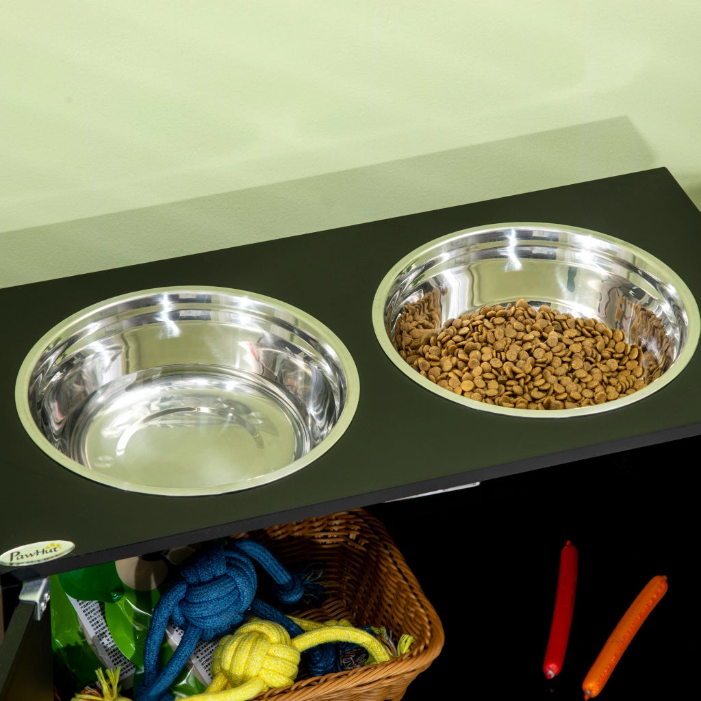 Scaffale per cani rialzato con 2 ciotole in acciaio inox e vano da 44 l con ante magnetiche in legno nero per grandi cani