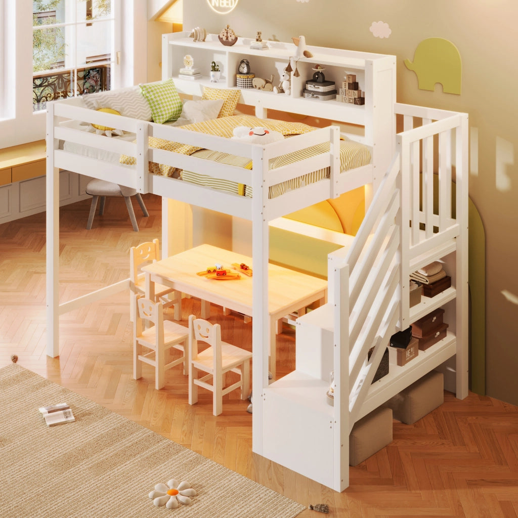 LETTO A CASTELLO ALTO 90x200 cm con LED, pino e MDF bianco