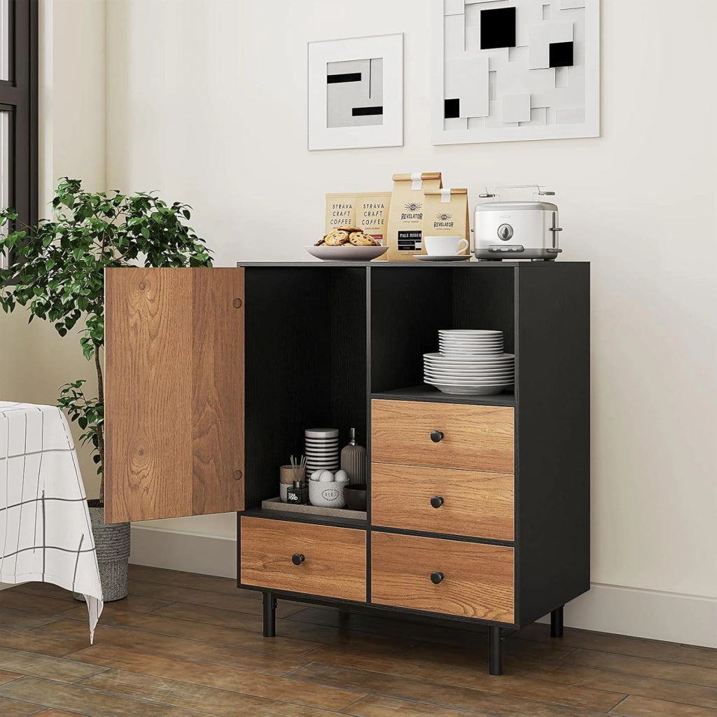 Credenza da Cucina con Ante e Cassetti, Mobile Cucina Dispensa con Gambe in Metallo, Mobile Buffet per Soggiorno, Sala da Pranzo, Corridoio, 80 x 45,5 x 97,5 cm (Nero)
