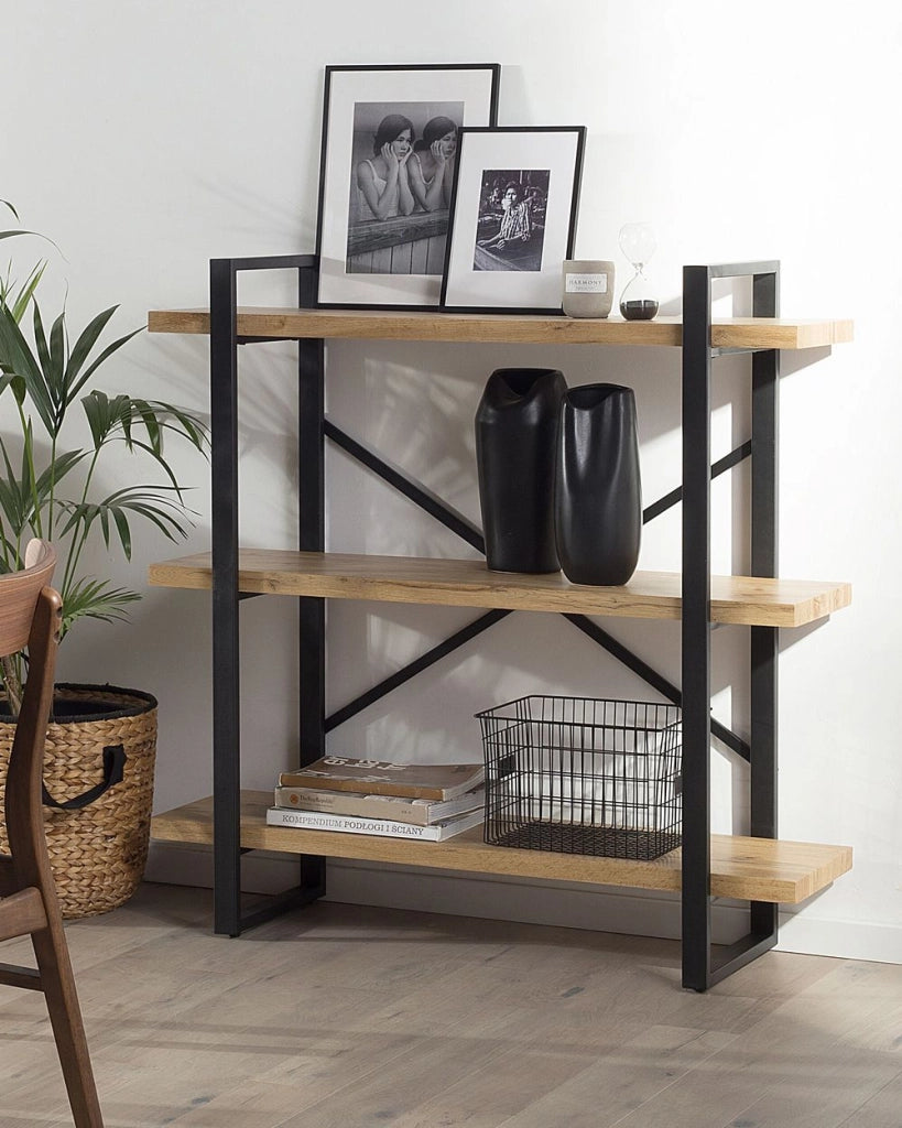 Libreria a 3 livelli in legno chiaro con struttura in metallo Nero Ripiani aperti contenitore Minimalista unità autoportante