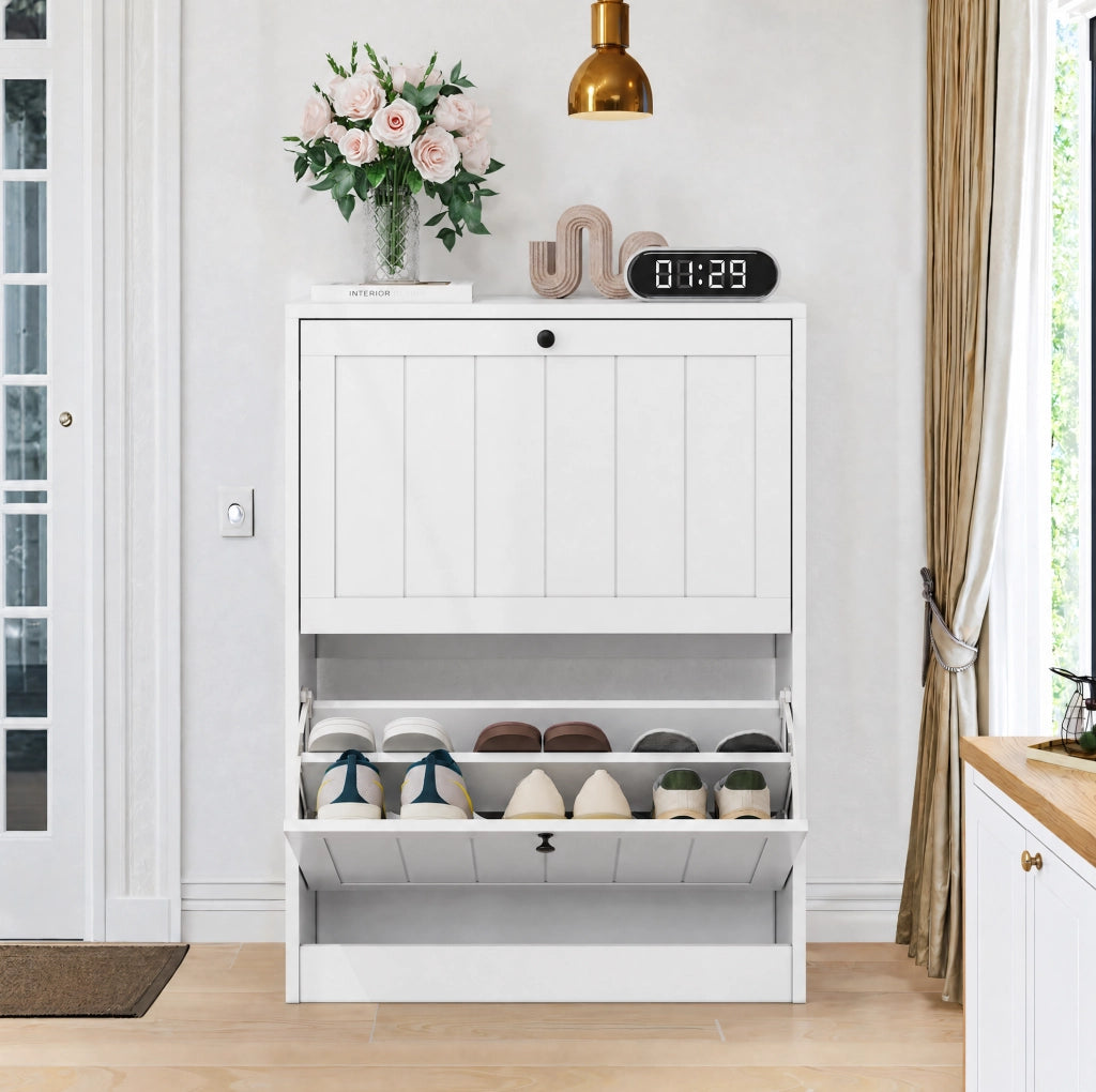 Scarpiera freestanding con 2 cassetti a ribalta; MDF e truciolare bianco