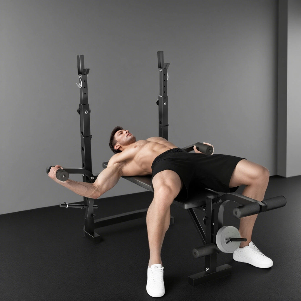 Panca Palestra Multifunzione Regolabile con Rack Bilanciere con Leg Extension, Low Row, Arm Curl, Nero